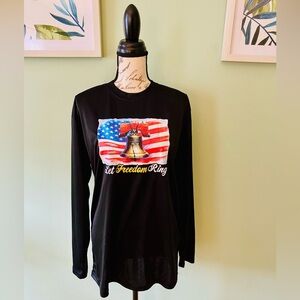 Mens Black Long Sleeve Shirt with American Flag and Liberty Bell Size Large